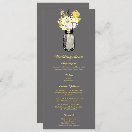 Grijs, wit en geel Mason Jar | Trouwmenu Menu (Voorkant / Achterkant)