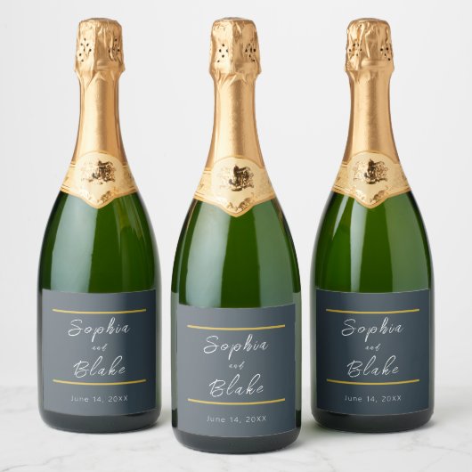 Grijs, Wit en Goud Bruid & bruidegom Bruiloft Sparkling Wijnetiket (Flessen)