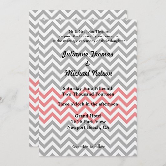 Grijs, wit en koraal Chevron bruiloft Kaart (Voorkant / Achterkant)