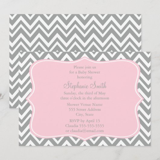 Grijs, wit en pastel Roze Baby shower Kaart (Voorkant / Achterkant)