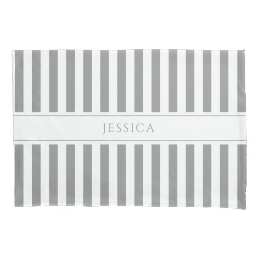 Grijs & Wit Gestreepte Boerderij Patroon Naam Kuss Kussensloop (Voorkant)