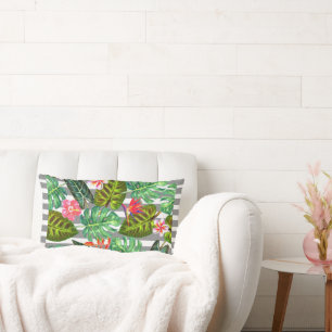 Grijs & Wit Gestreepte Tropische bladeren Sierkuss Kussen