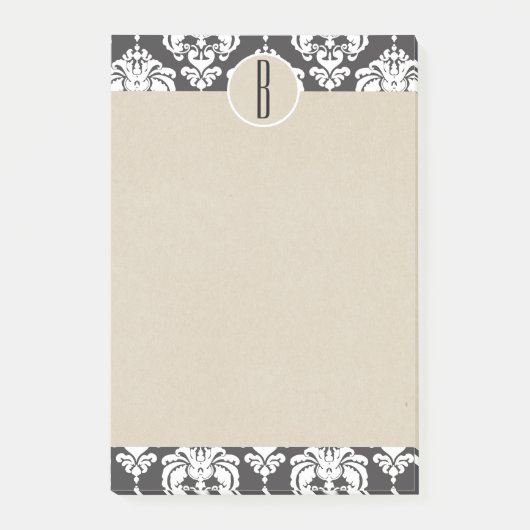 Grijs Wit Glam Damast Kraft Monogram Initiaal Post-it® Notes (Voorkant)