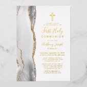 Grijs Wit Goud Agaat Eerste Heilige Communie Folie Uitnodiging (Voorkant)