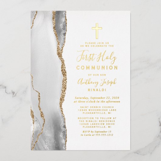 Grijs Wit Goud Agaat Eerste Heilige Communie Folie Uitnodiging (Voorkant)