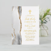 Grijs Wit Goud Agaat Eerste Heilige Communie Folie Uitnodiging (Staand Voorkant)