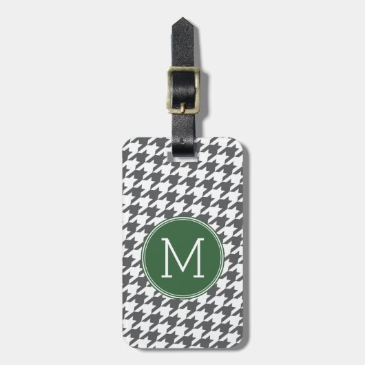 Grijs Wit Groen Houndstooth Patroon Monogram Bagagelabel (Voorkant verticaal)