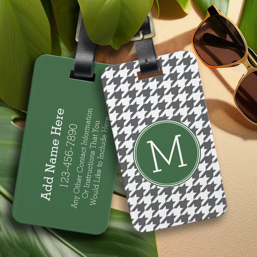 Grijs Wit Groen Houndstooth Patroon Monogram Bagagelabel