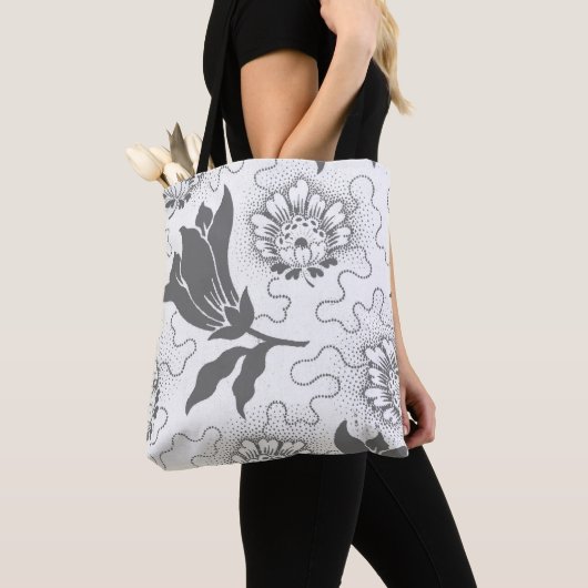  grijs wit groot Floral roestachtig patroon Tote Bag (Dichtbij)