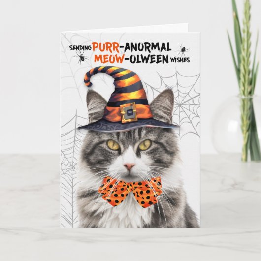 Grijs Wit Halloween Kat PURRanormal MEOWolween Feestdagen Kaart (Voorkant)