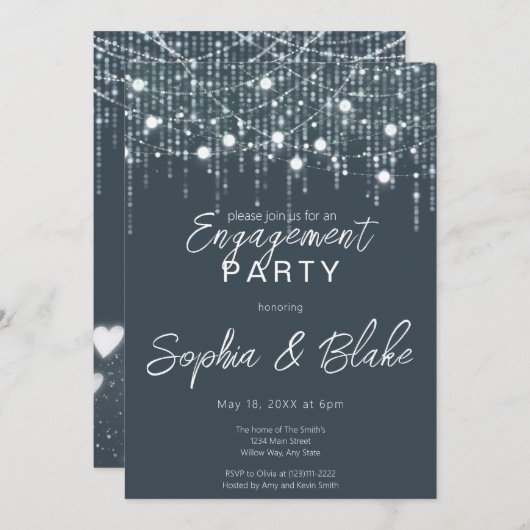 Grijs & Wit Hangende Lichten Verlovingsfeest Kaart (Voorkant / Achterkant)
