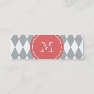 grijs wit harlequin patroon, koraal monogram mini visitekaartje