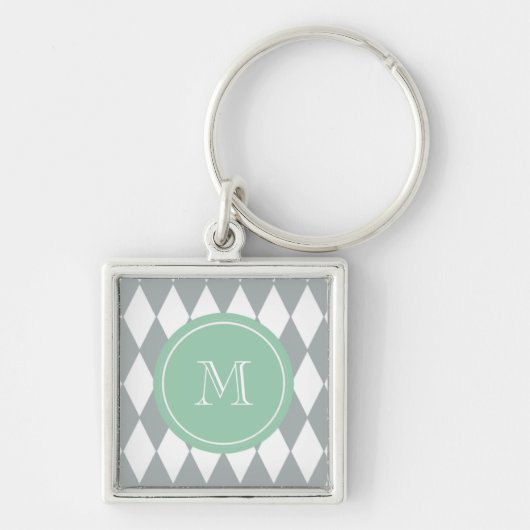Grijs wit Harlequin Patroon, Mint Groen Monogram Sleutelhanger (Voorkant)