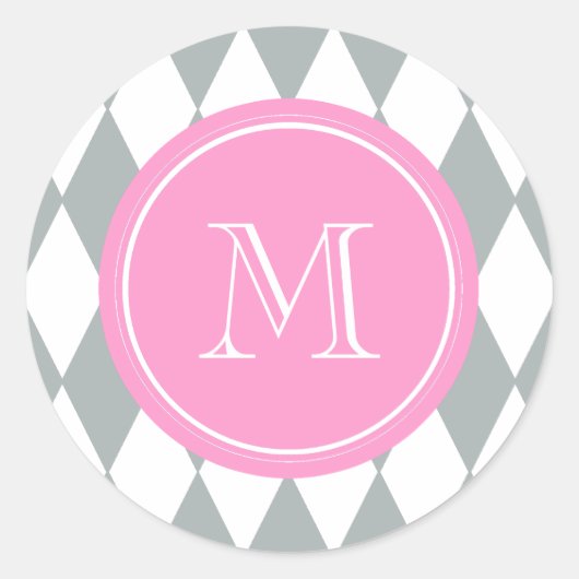 Grijs wit Harlequin Patroon, Roze Monogram Ronde Sticker (Voorkant)