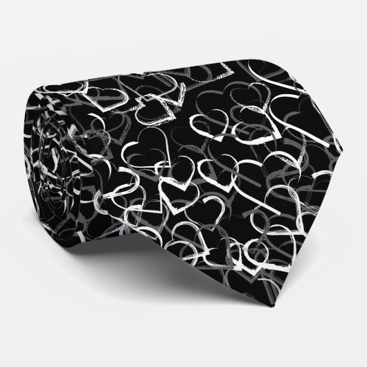 Grijs wit hartpatroon Zwarte achtergrond Stropdas (Opgerold)