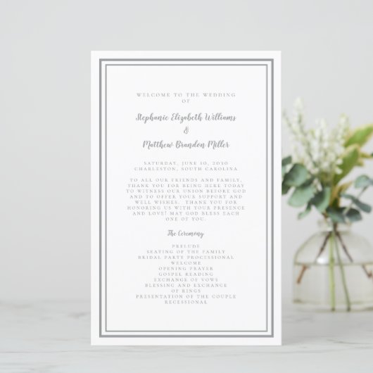 Grijs & Wit Huwelijksscript Chic Ceremonie Program (Staand voorkant)