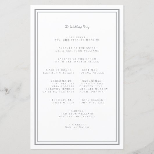 Grijs & Wit Huwelijksscript Chic Ceremonie Program (Achterkant)