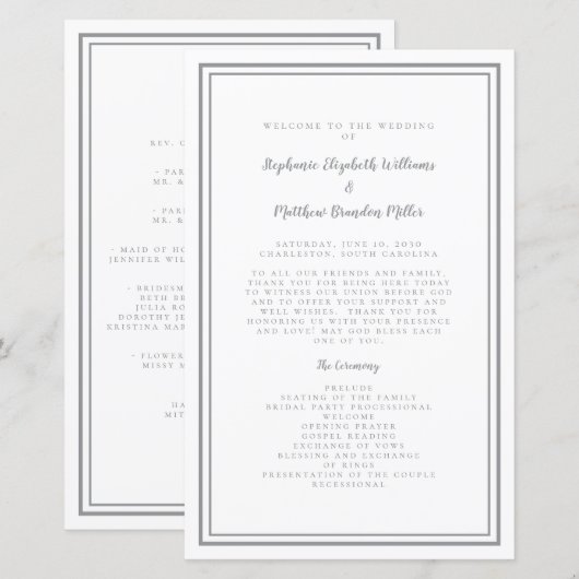 Grijs & Wit Huwelijksscript Chic Ceremonie Program (Voorkant / Achterkant)