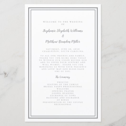 Grijs & Wit Huwelijksscript Chic Ceremonie Program (Voorkant)