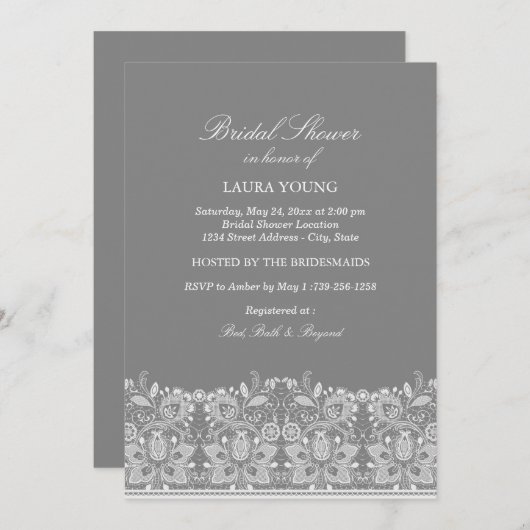 Grijs & wit kant | Uitnodiging voor bruidsdouche (Voorkant / Achterkant)
