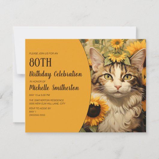 Grijs Wit Kat Geel Zonnebloemen 80e Verjaardag Kaart (Voorkant)