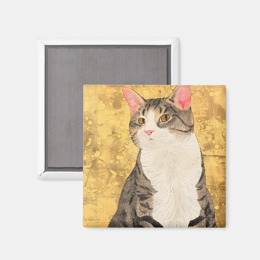 grijs wit kattenportret magneet (Voorkant / Achterkant)