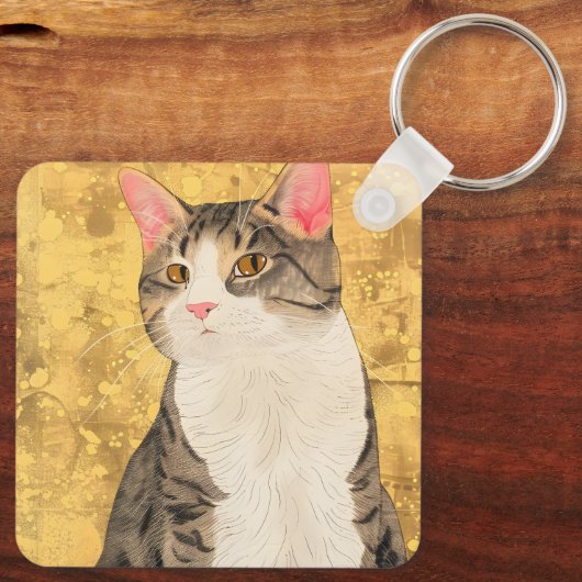  grijs wit kattenportret sleutelhanger (Achterkant)