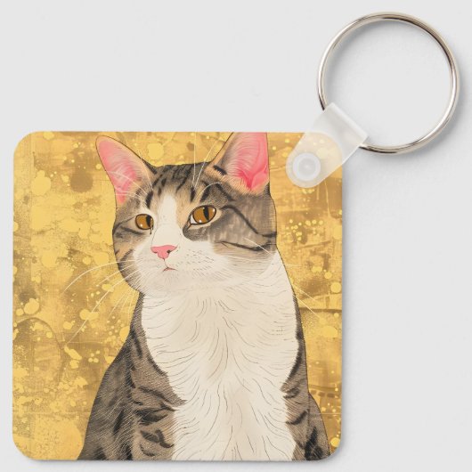  grijs wit kattenportret sleutelhanger (Achterkant)