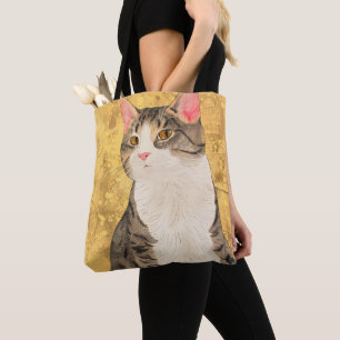 grijs wit kattenportret tote bag