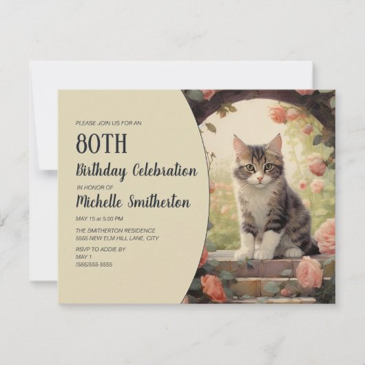 Grijs Wit Kitten Boog 80e Verjaardag Kaart (Voorkant)