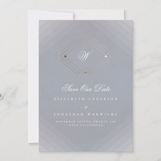 grijs wit klassiek deco goudmonogram foto save the date (Voorkant)