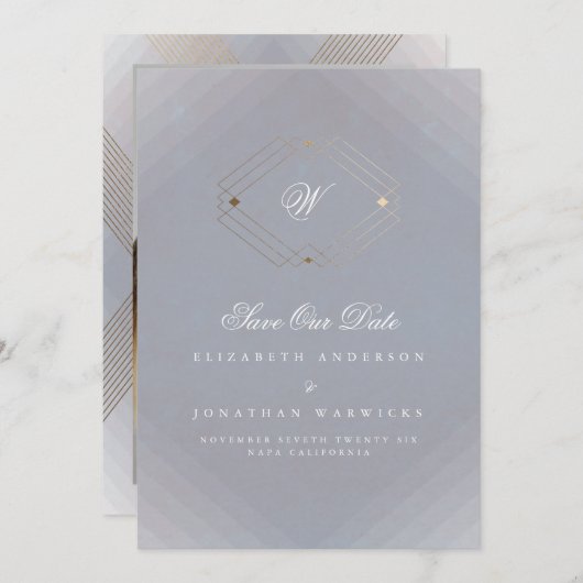 grijs wit klassiek deco goudmonogram foto save the date (Voorkant / Achterkant)