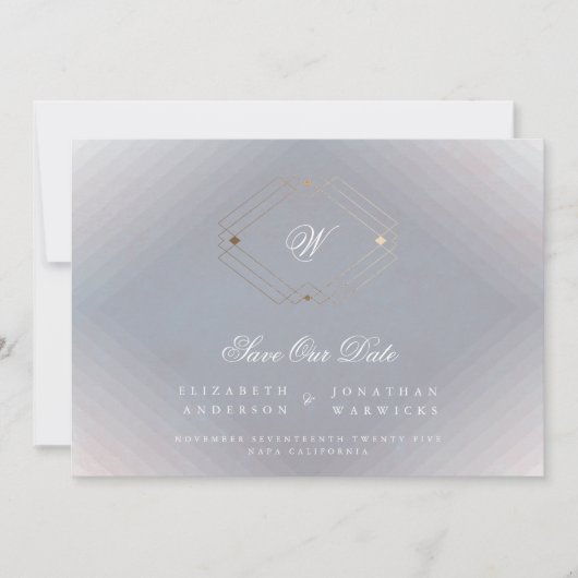 grijs wit klassiek deco goudmonogram foto save the date (Voorkant)