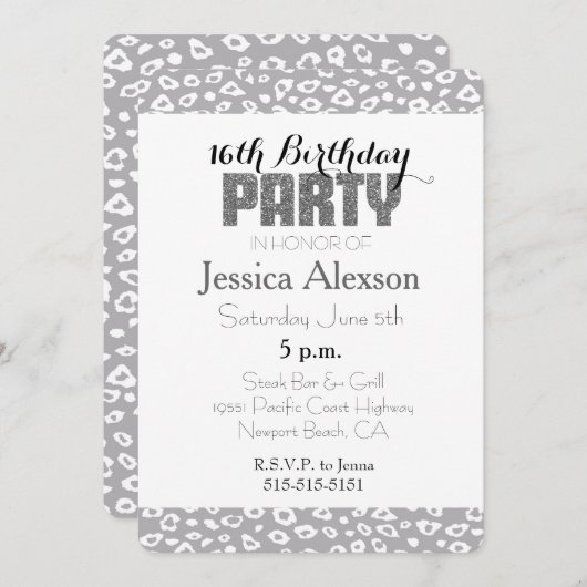 Grijs Wit Luipaard Print 16e Verjaardag Kaart (Voorkant / Achterkant)