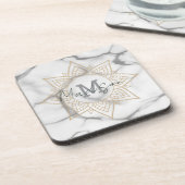 Grijs & Wit Marmer Effect Goud Mandala Monogram Bier Onderzetter (Linkerzijde)