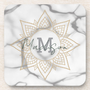 Grijs & Wit Marmer Effect Goud Mandala Monogram Bier Onderzetter