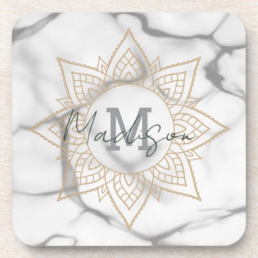 Grijs & Wit Marmer Effect Goud Mandala Monogram Bier Onderzetter (Voorkant)