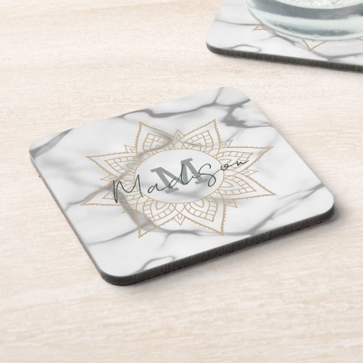 Grijs & Wit Marmer Effect Goud Mandala Monogram Bier Onderzetter (Linkerzijde)