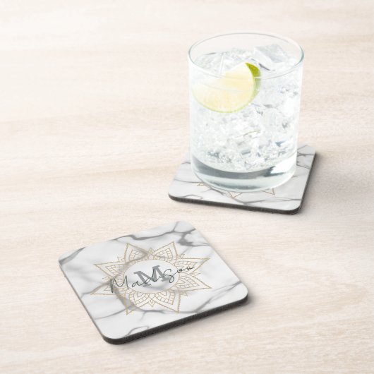 Grijs & Wit Marmer Effect Goud Mandala Monogram Bier Onderzetter (Rechterzijde)