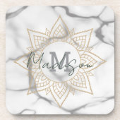 Grijs & Wit Marmer Effect Goud Mandala Monogram Bier Onderzetter (Voorkant)