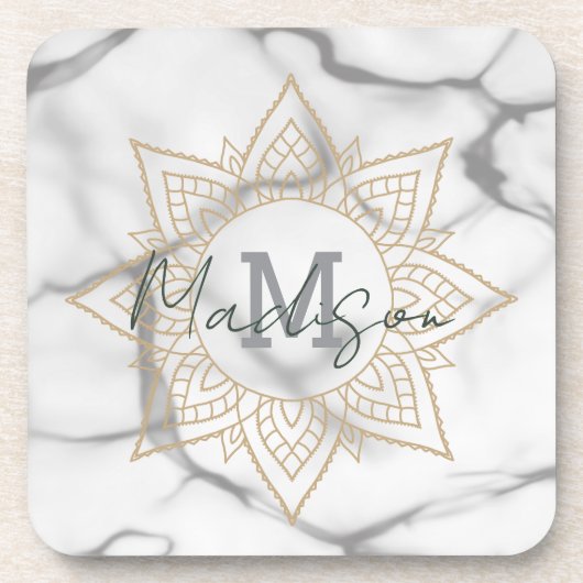Grijs & Wit Marmer Effect Goud Mandala Monogram Bier Onderzetter (Voorkant)