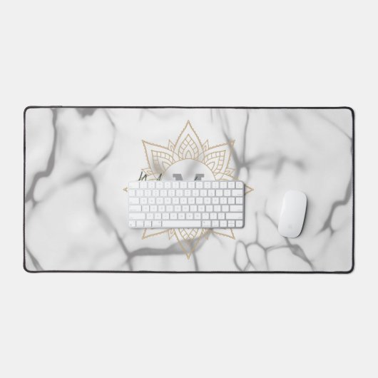 Grijs & Wit Marmer Effect Goud Mandala Monogram Bureaumat (Keyboard & Muis)