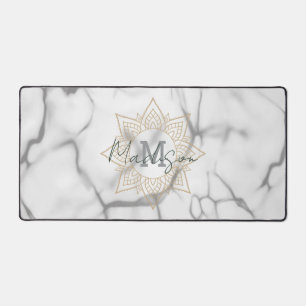 Grijs & Wit Marmer Effect Goud Mandala Monogram Bureaumat