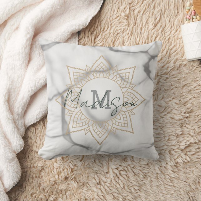 Grijs & Wit Marmer Effect Goud Mandala Monogram Kussen (Deken)