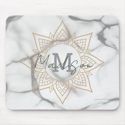 Grijs & Wit Marmer Effect Goud Mandala Monogram Muismat (Voorkant)