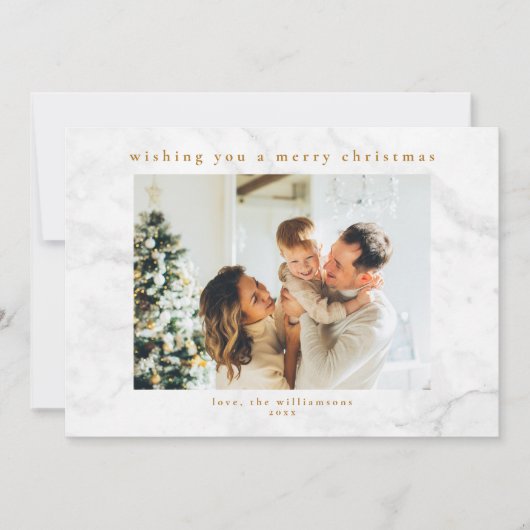 Grijs Wit Marmer Twee Foto Kerstmis Horizontaal Feestdagenkaart (Voorkant)