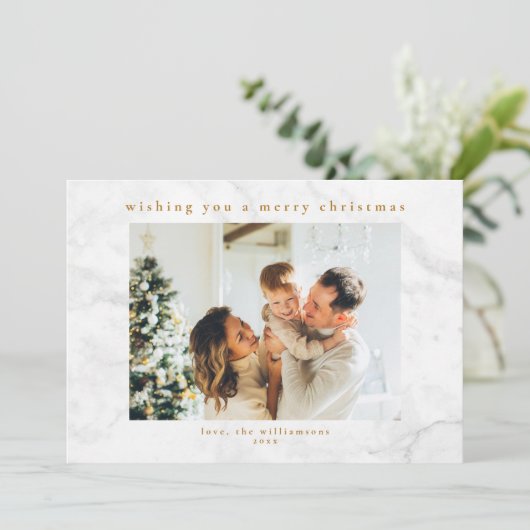 Grijs Wit Marmer Twee Foto Kerstmis Horizontaal Feestdagenkaart (Staand voorkant)