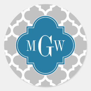 Grijs wit Marokkaans #5 Peacock 3 Initiaal monogra Ronde Sticker