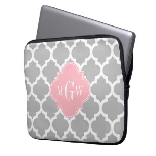 Grijs wit Marokkaans #5 Roze 3 Initiaal monogram Laptop Sleeve