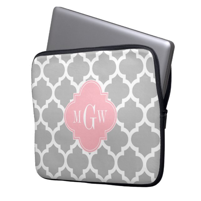 Grijs wit Marokkaans #5 Roze 3 Initiaal monogram Laptop Sleeve (Voorkant Links)